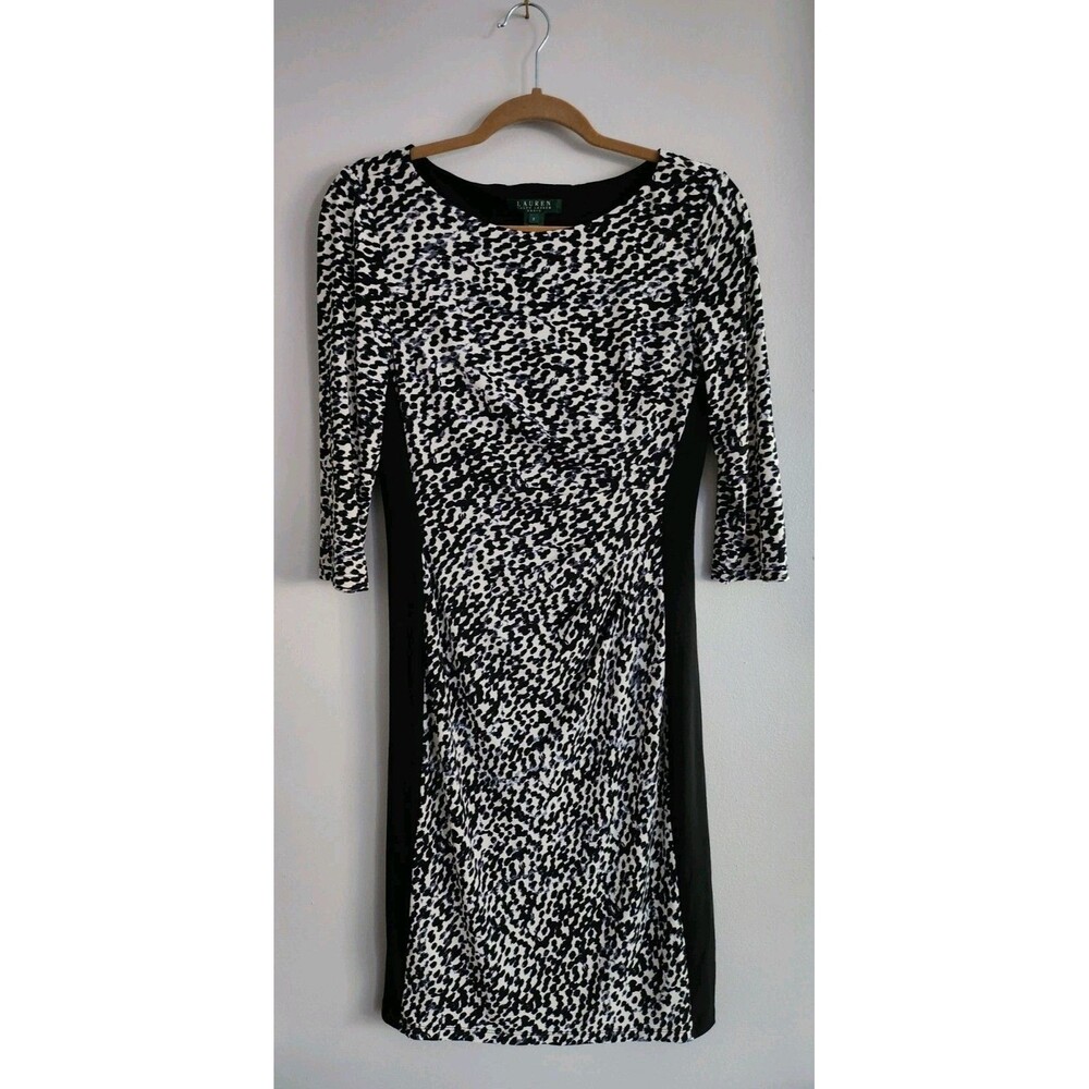 Ralph Lauren Black & White Graphic Print Sheath Dress With Side Rouching Size 8